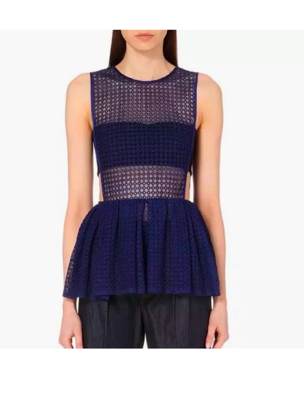 Self-Portrait Navy Blue Eyelet Fit-and-Flare Sleeveless Top